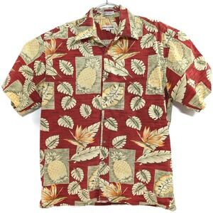 Pierre Cardin Shirt Mens Medium Red Tropical Pineapple Hawaiian Aloha Print